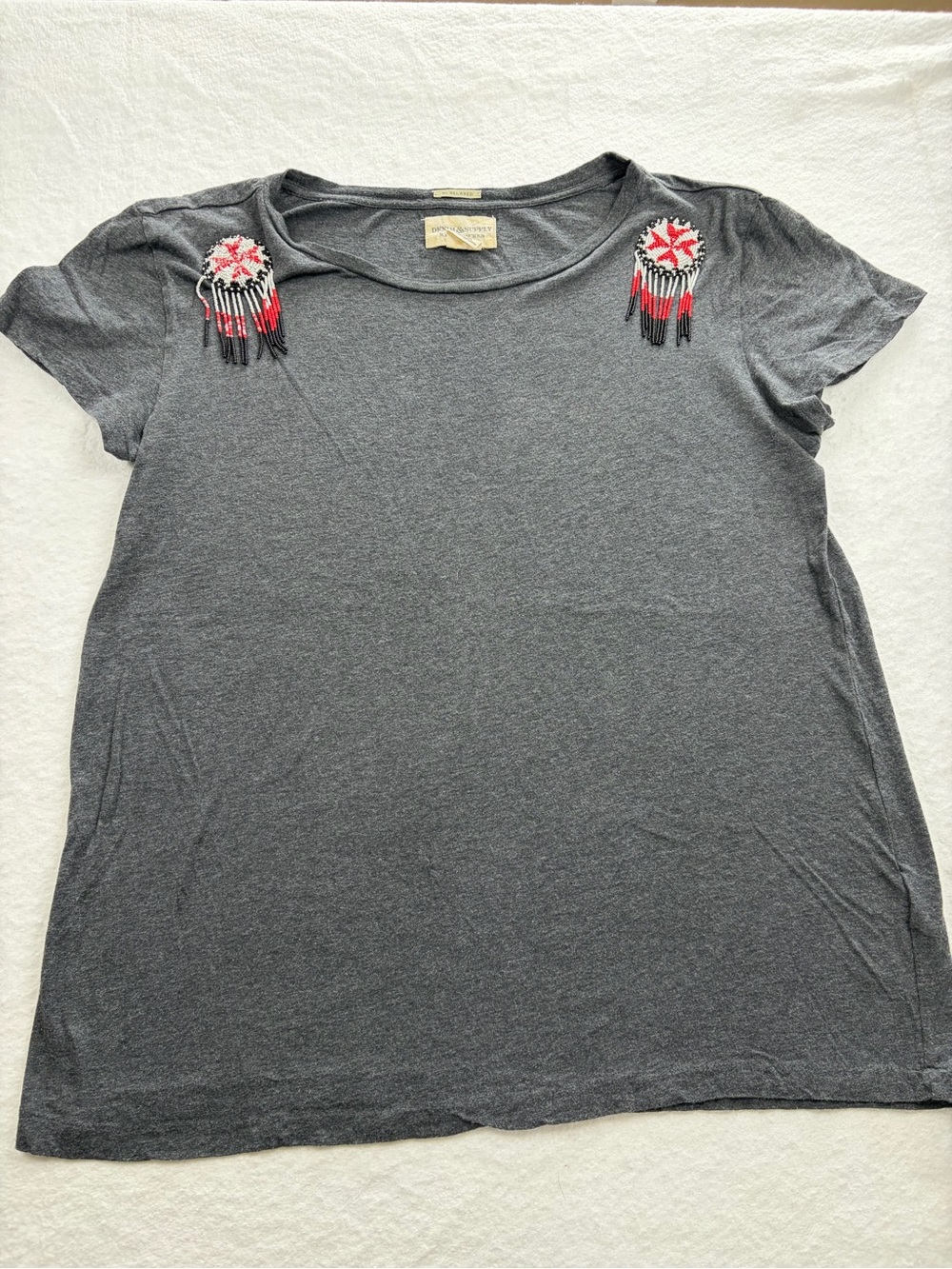 Denim & Supply Ralph Lauren Embellished Grey Tee with Beaded Southwestern Accent